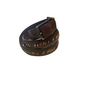 Columbia Mens 44 Belt Brown Leather Multi Color Embroidered Southwest Woven